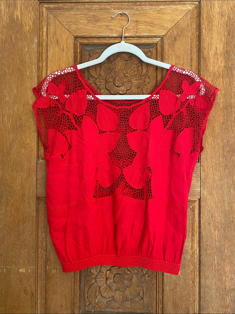 Vintage 70s 80s open lace floral embroidered blouse RED XS small elastic waist